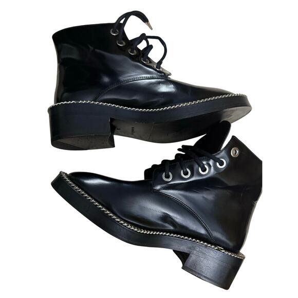 Sandro Paris Black Audrey Patent Leather Lace-Up Chain Trim Combat Boots Size 36 - Picture 1 of 6